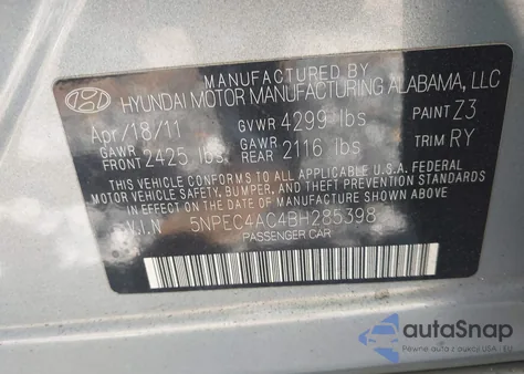 2011 Hyundai Sonata Se из США, поврежденный, VIN 5NPEC4AC4BH285398